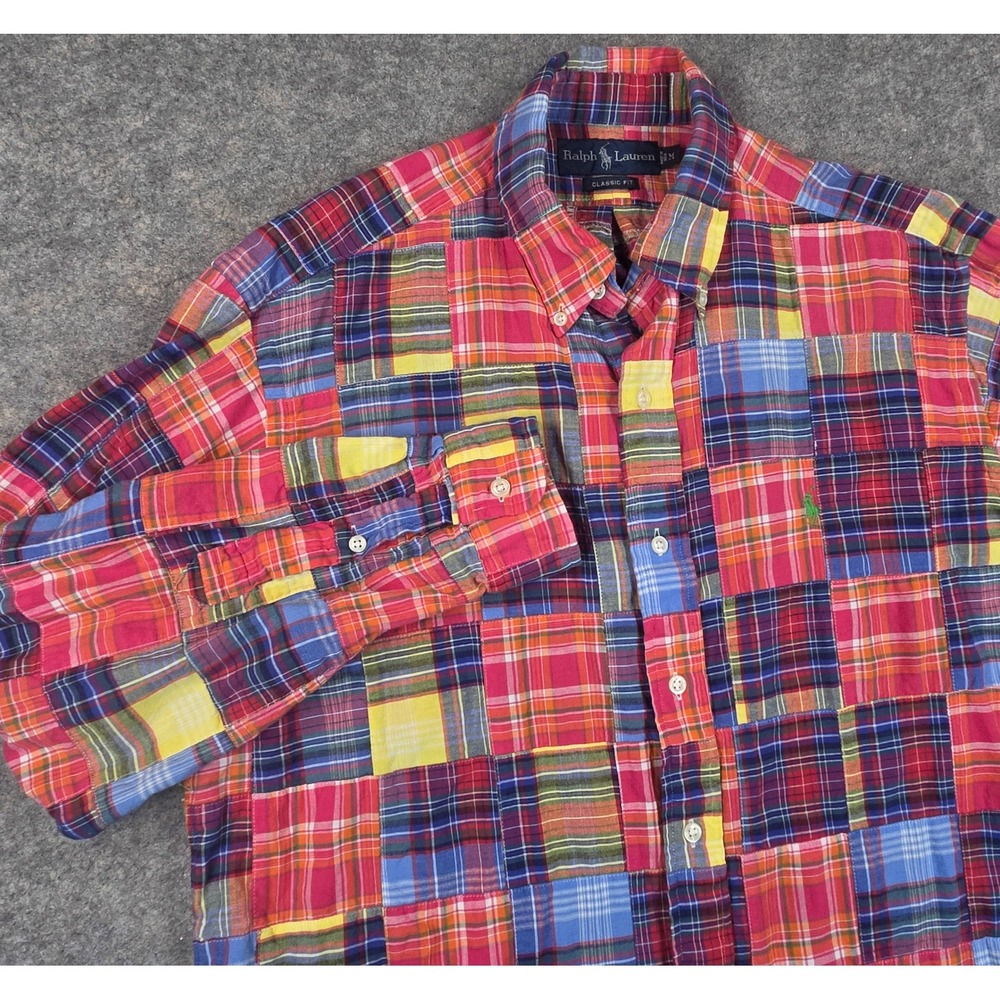 Polo Ralph Lauren Classic Fit Patchwork Madras Plaid Shirt Mens Medium Vintage
